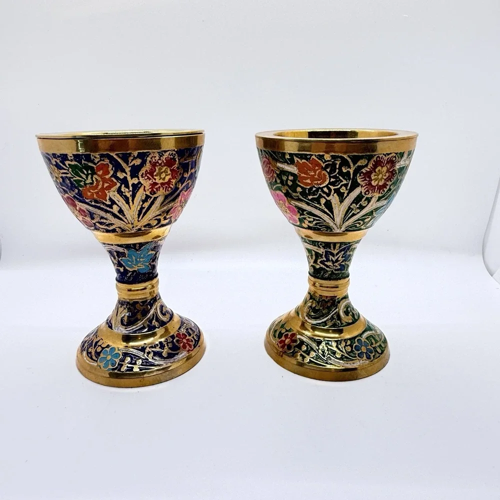 Vintage Brass Meenakari Enamel Bakhoor Burners Pair Floral Chalice Altar Decor